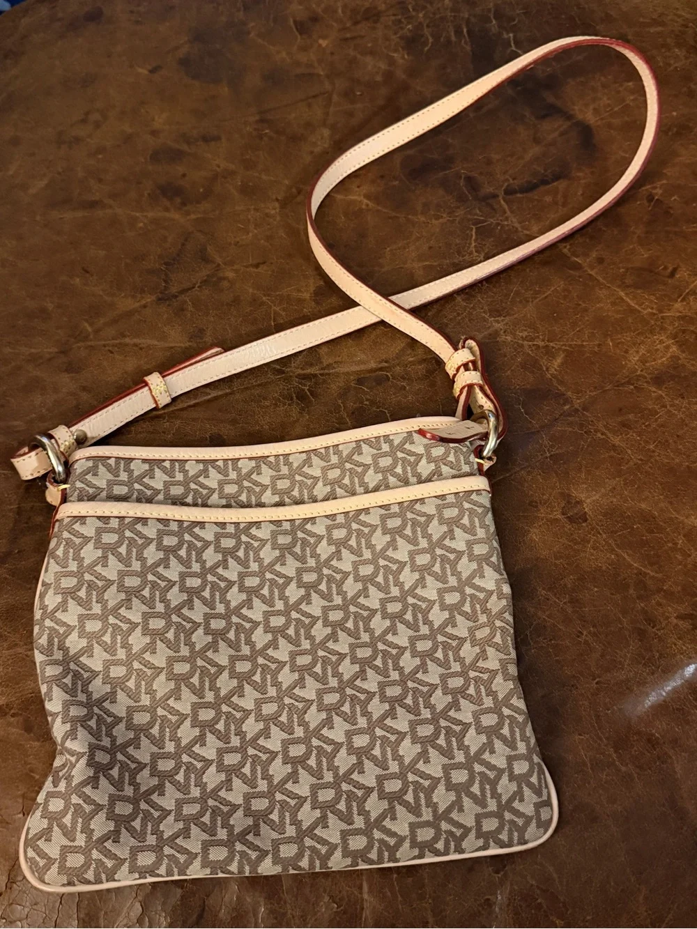 DKNY Signature Monogram Canvas Flat Crossbody Bag - Tan & Brown